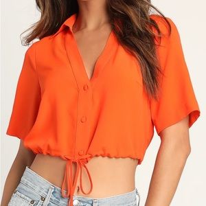 NWT Lulu’s Always the Best Orange Drawstring Waist Cropped Button-Up Crop Top